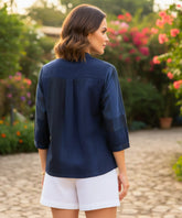 Comprar blusa feminina xadrez algodão gola padre manga 3/4 solta confortável casual barato ou em promoção